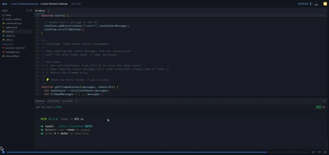 Learn Context Engineering, Context Window Challenge: the code editor shows a numbered task list above an unfinished function.