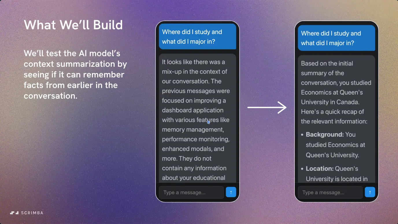 Learn Context Engineering, Summarizing Context Super Challenge slide: side-by-side chats show the AI forgetting, then recalling, a fact.