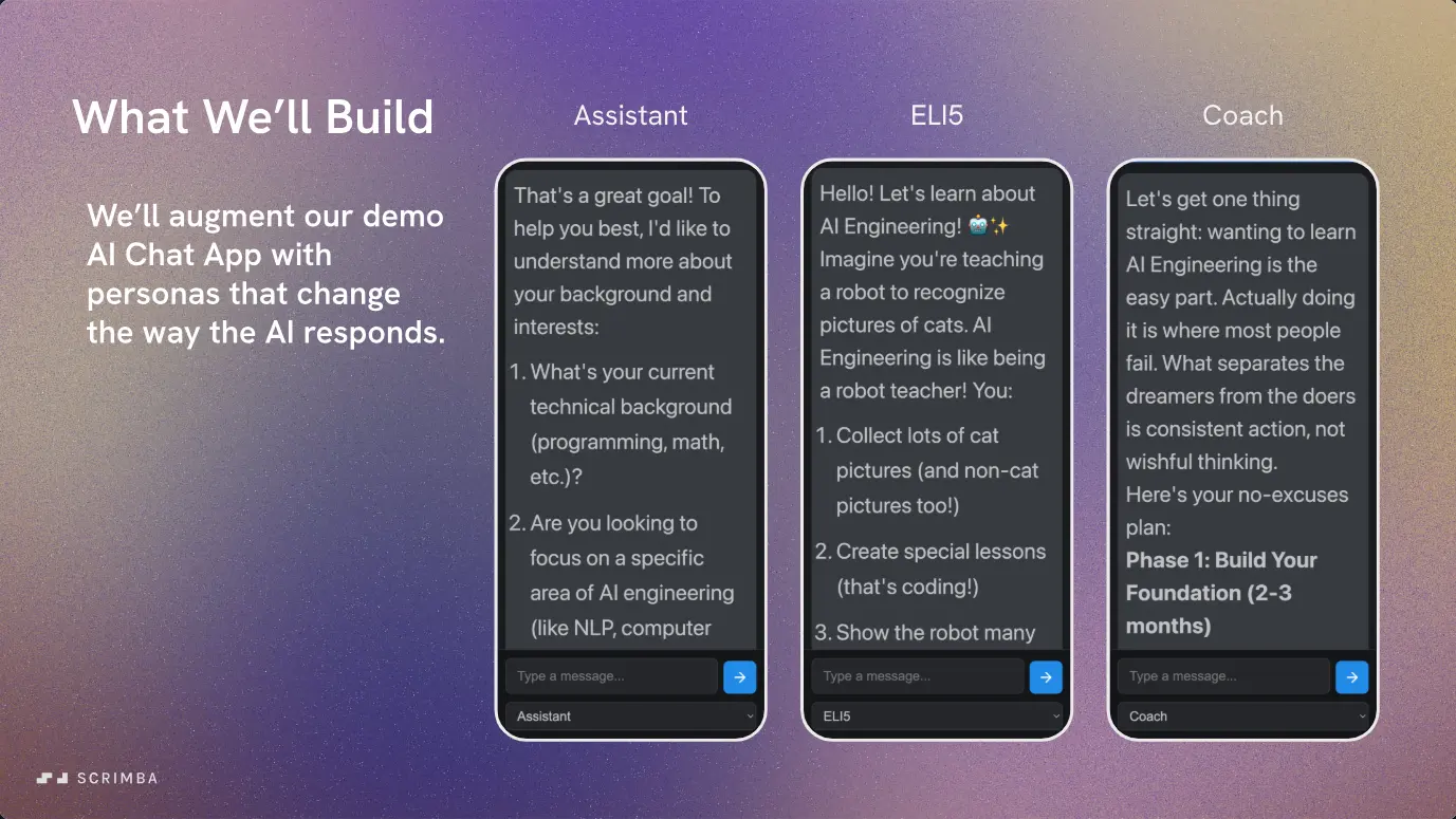 Learn Context Engineering, System Prompt Challenge slide: three chat windows show the same question in three tones.