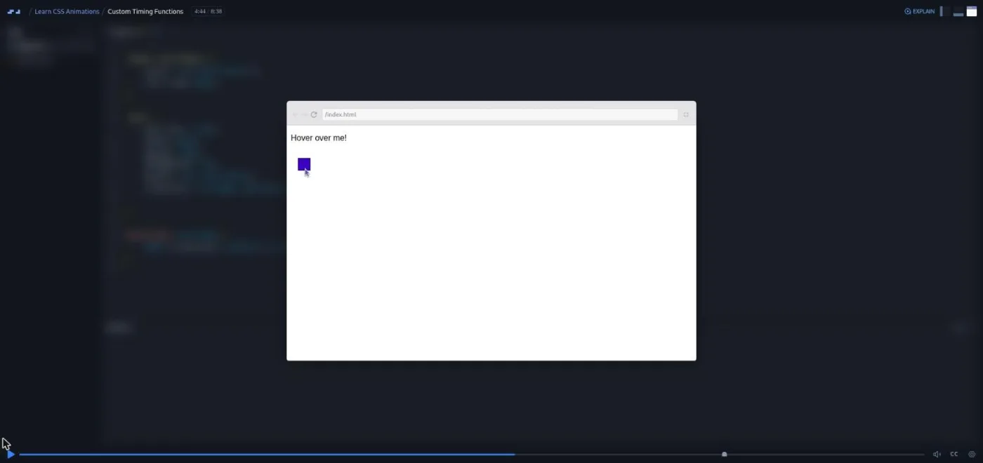 Learn CSS Animations, Custom Timing Functions lesson: an enlarged preview window shows a box mid-animation over a blurred editor.