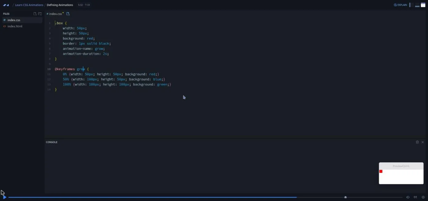 Learn CSS Animations, Defining Animations lesson: a keyframes rule sits in the editor beside a small preview thumbnail.
