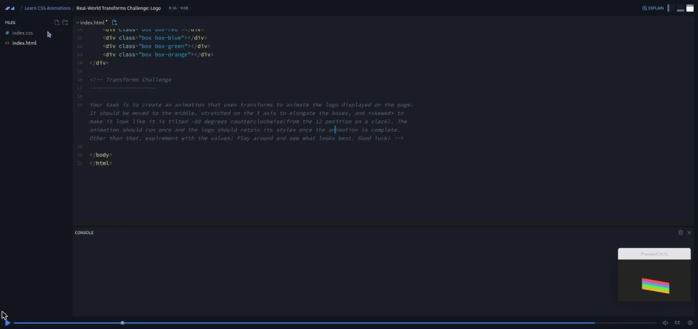 Learn CSS Animations, Real-World Transforms Challenge: the preview thumbnail shows a finished logo made of skewed color bars.