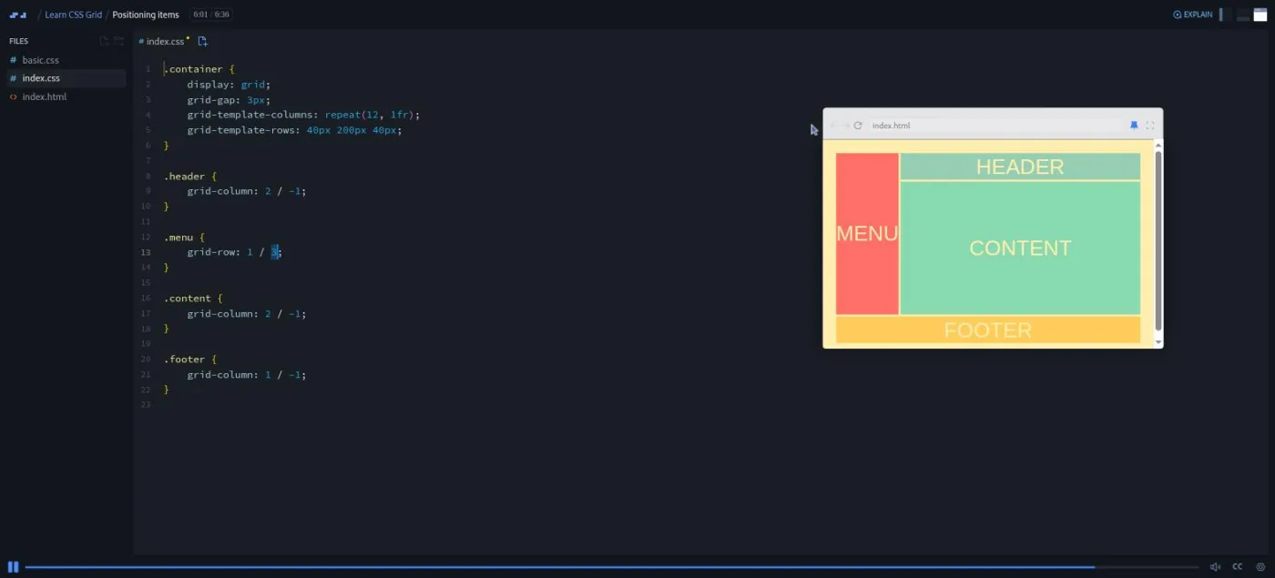 Learn CSS Grid, Positioning Items lesson: the preview shows a red menu block spanning two rows beside the header.