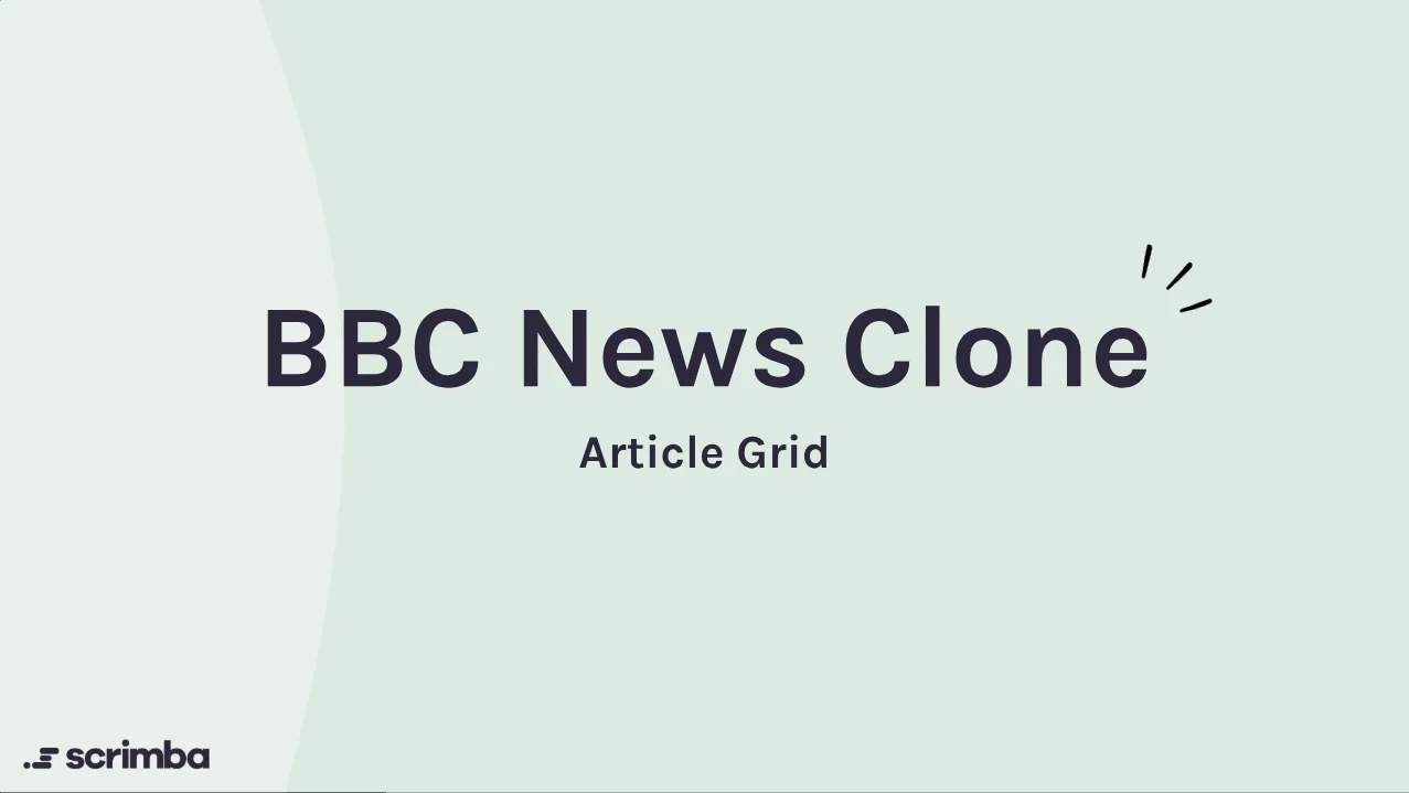 Solo project card from Scrimba's Learn CSS Grid course reading BBC News Clone, Article Grid, on a pale green background