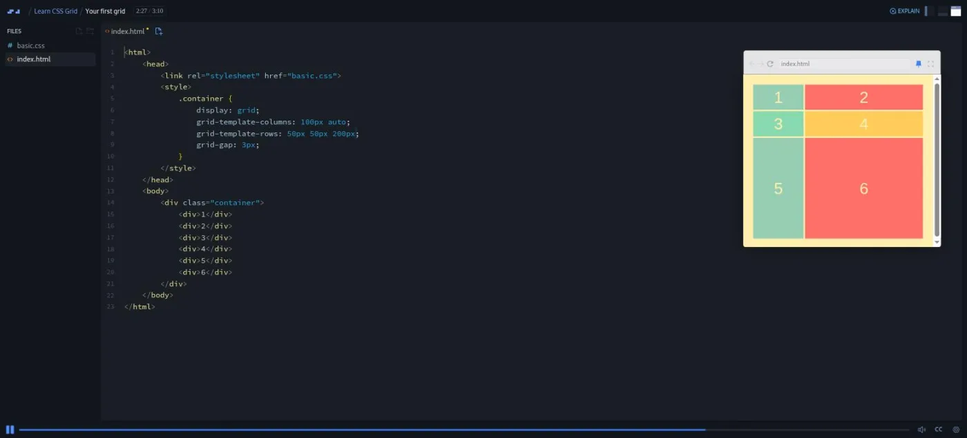 Learn CSS Grid, Your First Grid lesson: the code editor and a preview of colored numbered grid cells.