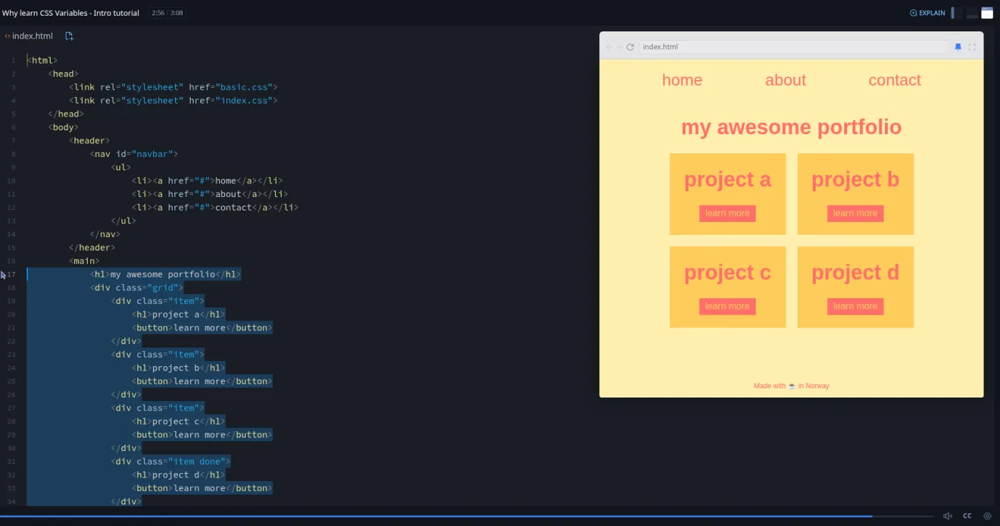 Learn CSS Variables, intro scrim: a code editor beside a portfolio preview with a nav, heading and four project cards.