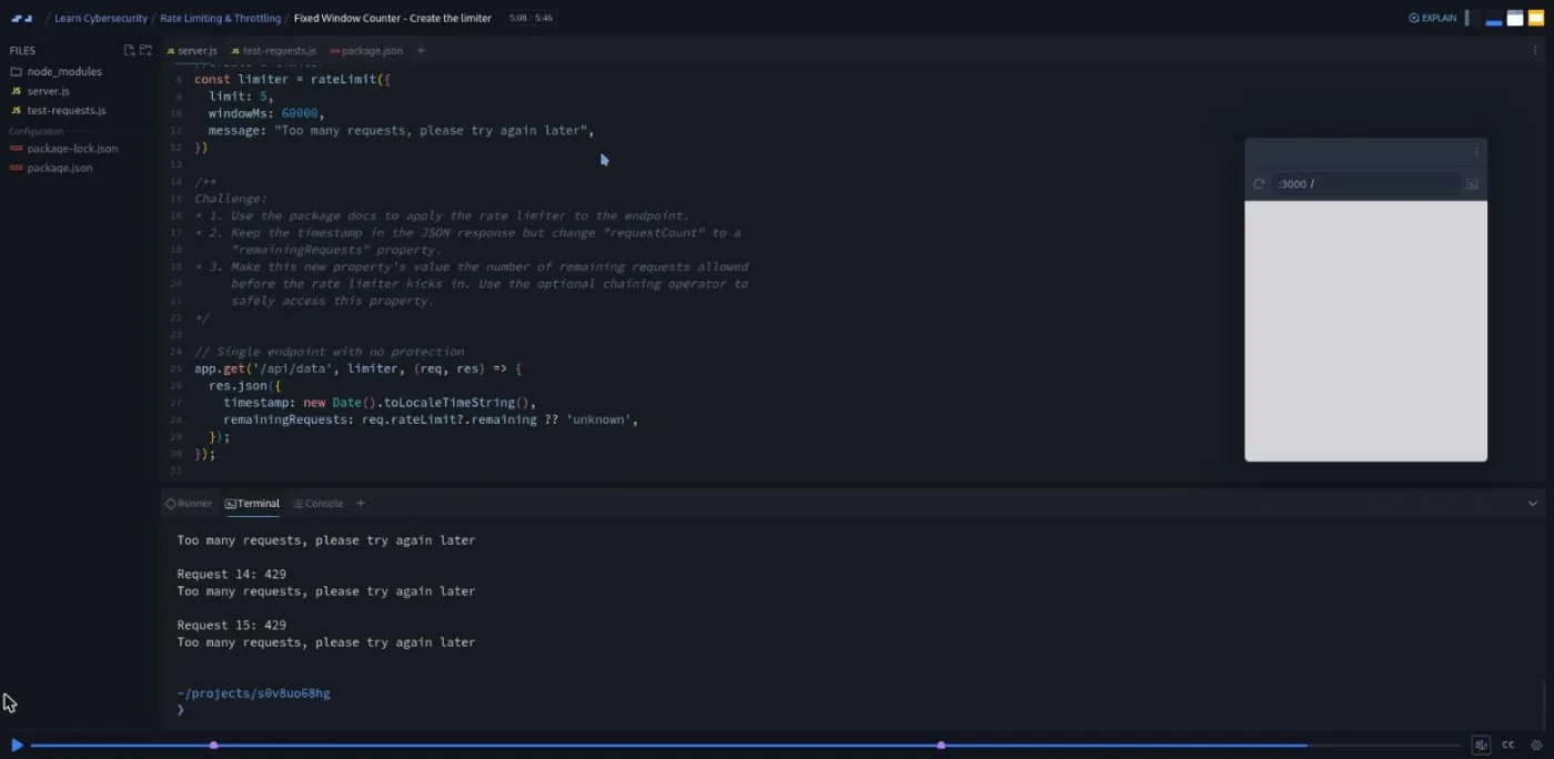 Learn Cybersecurity, rate limiter lesson: the terminal shows repeated requests getting blocked with a 429 error.