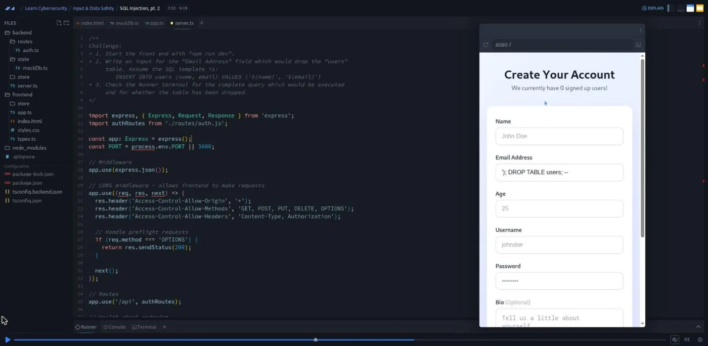 Learn Cybersecurity, SQL Injection lesson: the signup form preview shows a malicious payload and a signup counter dropped to zero.