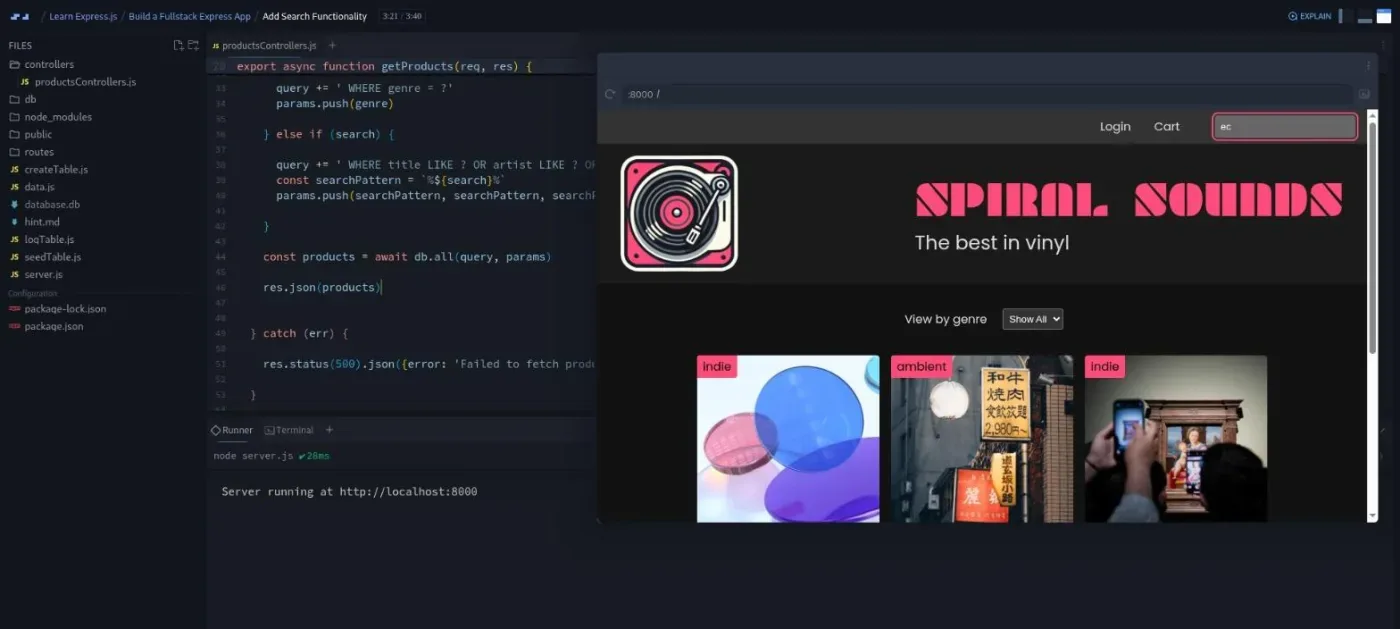 Learn Express.js, Add Search Functionality lesson: code editor beside a browser preview of the vinyl store's search results.