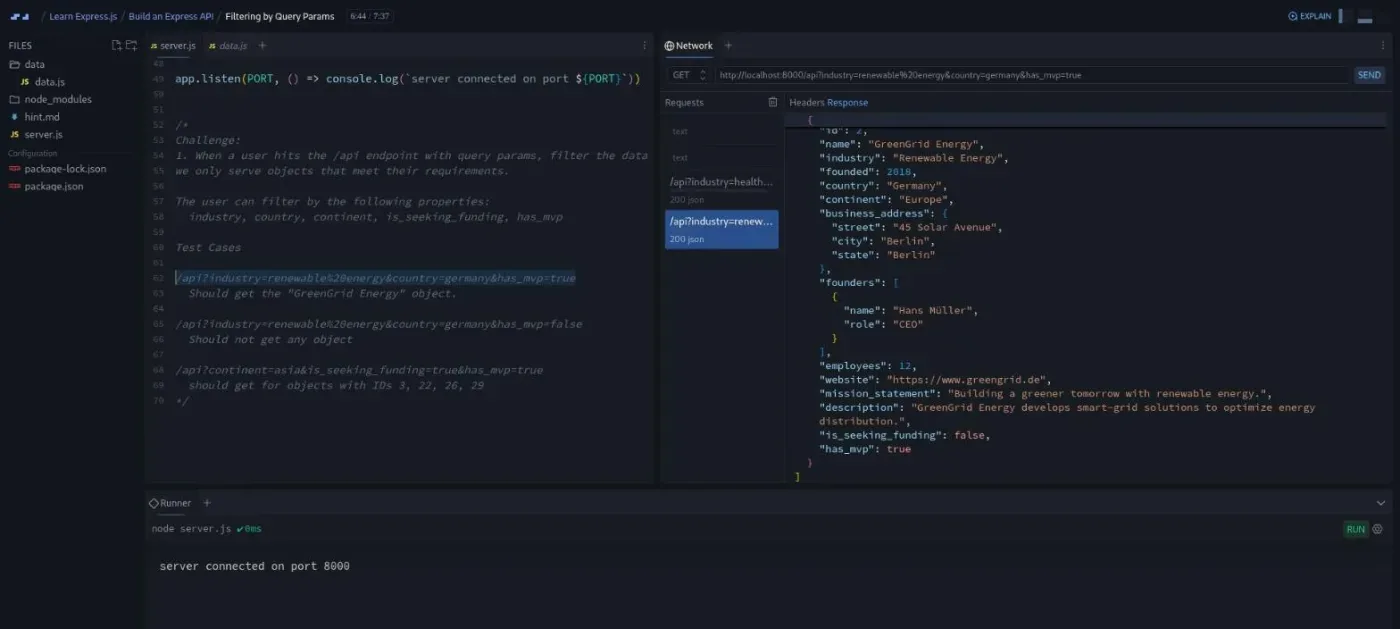Learn Express.js, Filtering by Query Params challenge: code editor beside a network request tool showing a filtered JSON result.