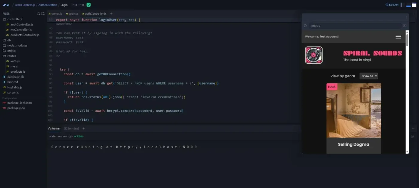 Learn Express.js, Login challenge: code editor beside a browser preview showing a signed-in welcome message.