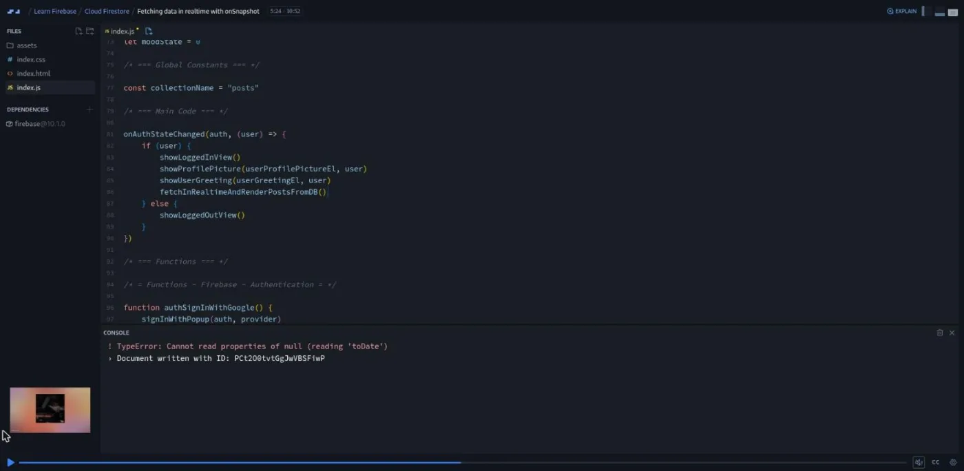 Learn Firebase, onSnapshot lesson: a code editor beside a console showing a type error message.