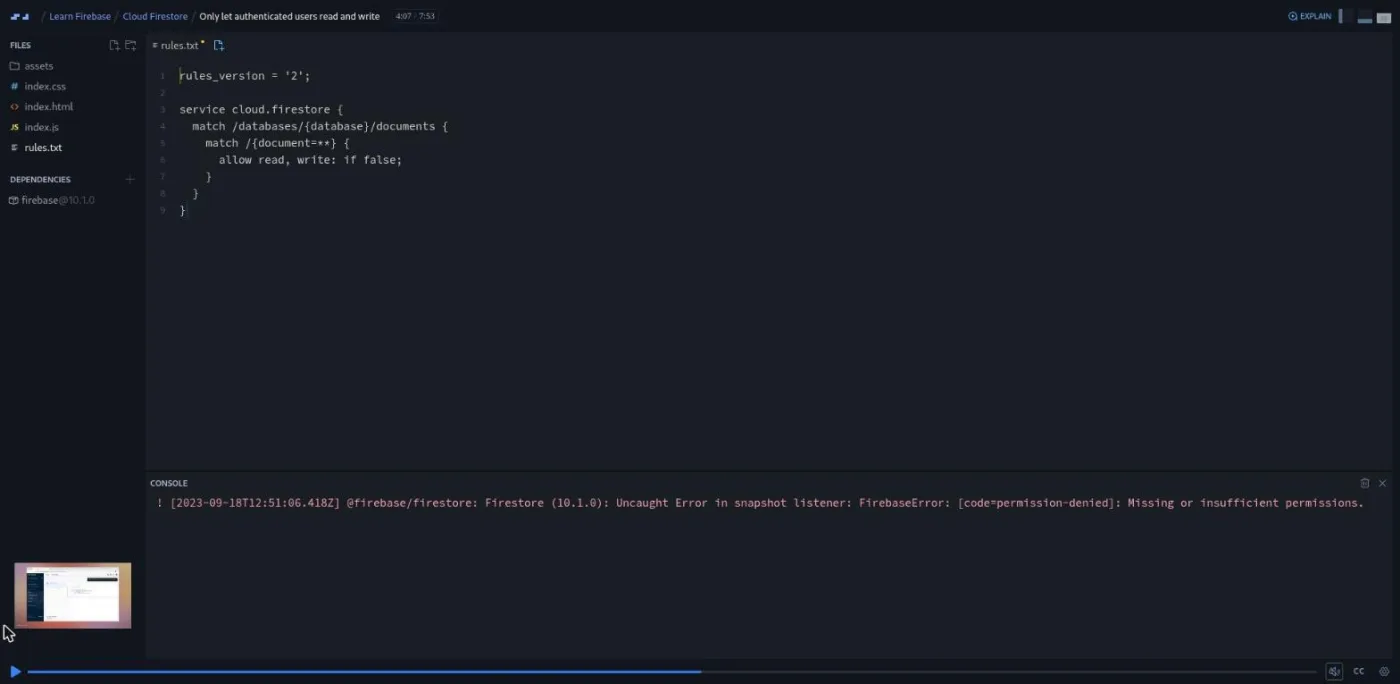 Learn Firebase, Security Rules lesson: a rules file beside a console showing a permission denied error.