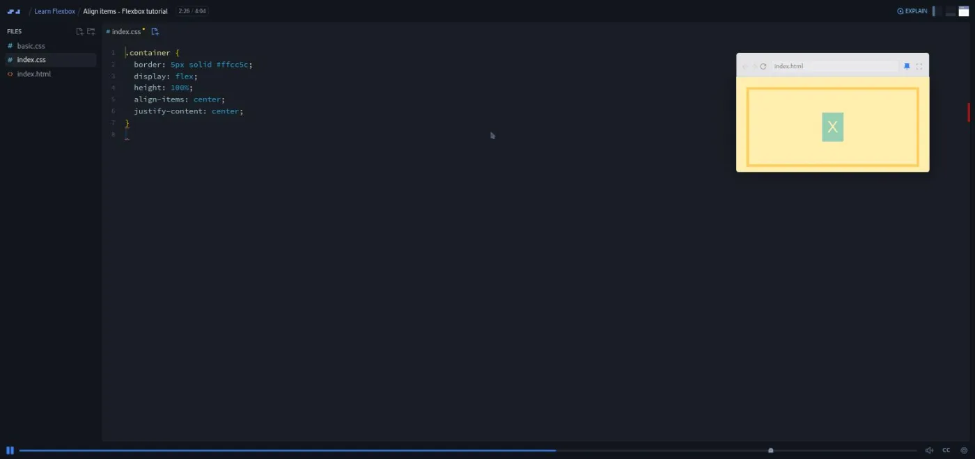 Learn Flexbox, Align items lesson: the preview shows a close button centred inside a bordered box.