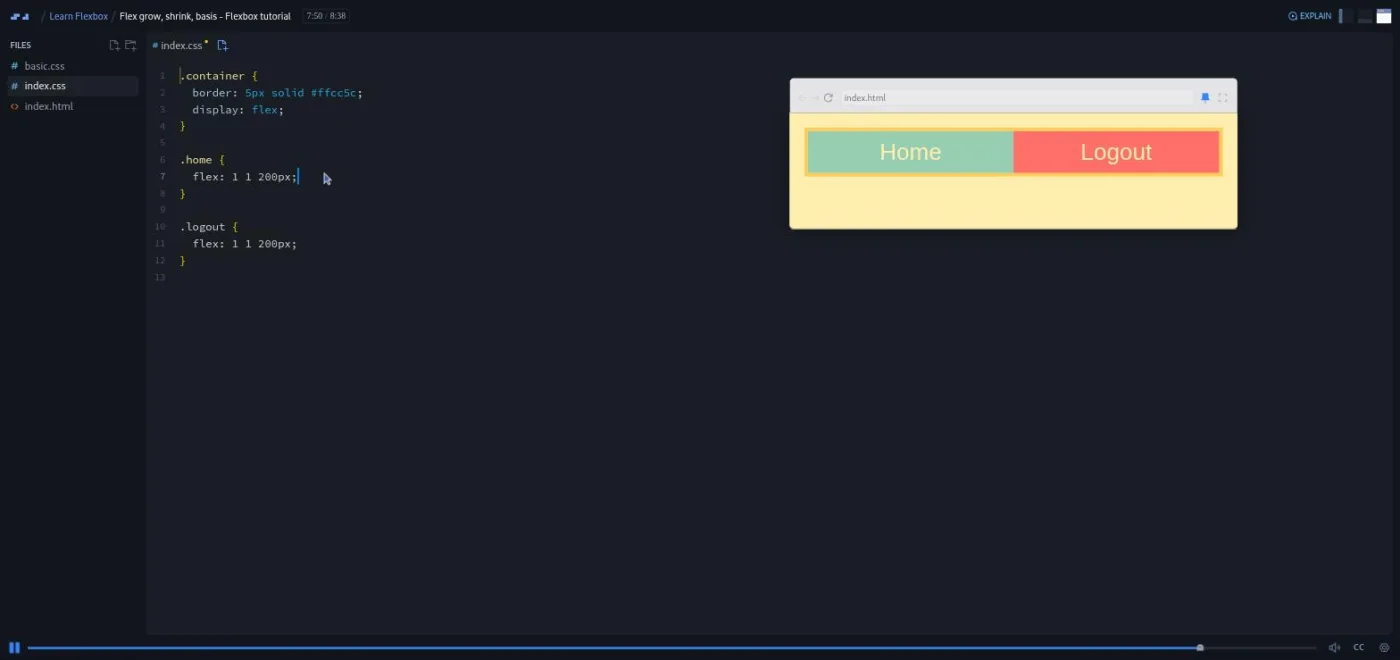 Learn Flexbox, Flex grow, shrink, basis challenge: the preview shows a two-item navbar sharing space evenly.
