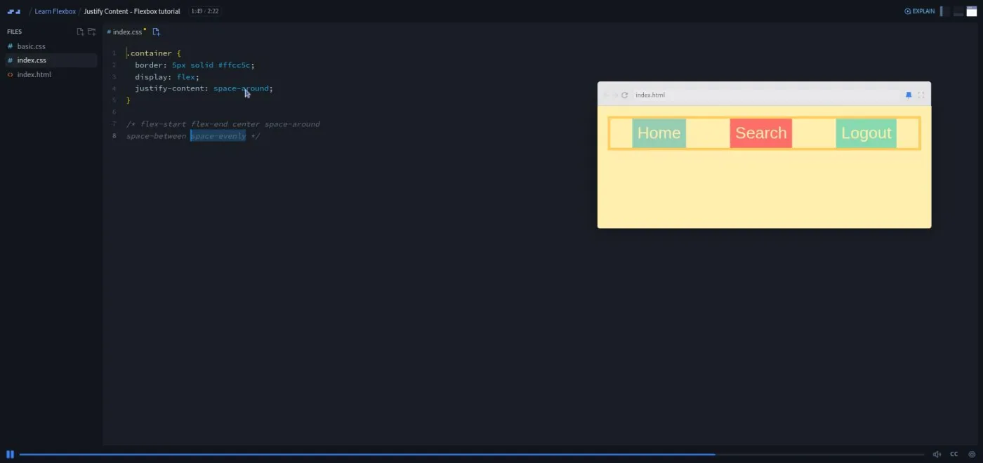 Learn Flexbox, Justify Content lesson: the preview shows navbar links spaced evenly across a yellow bar.