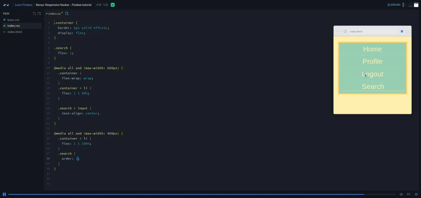Learn Flexbox, Responsive Navbar bonus lesson: the preview shows the navbar links stacked vertically for mobile.