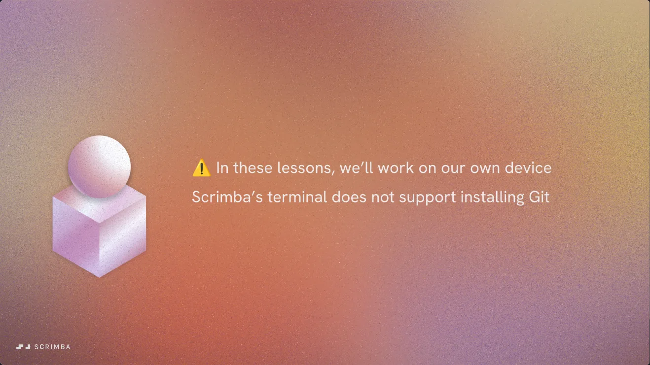Learn Git and GitHub, Become a Git Pro intro: a warning slide tells you to switch to your own device for this section.
