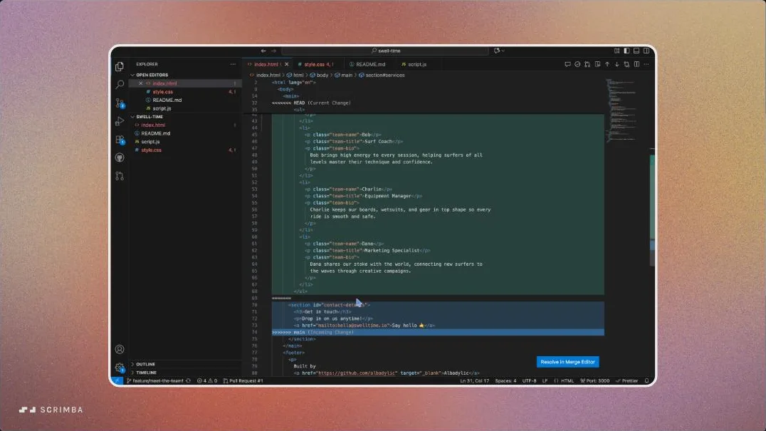 Learn Git and GitHub, Merge Conflicts lesson: VS Code shows two conflicting code blocks with a resolve button between them.