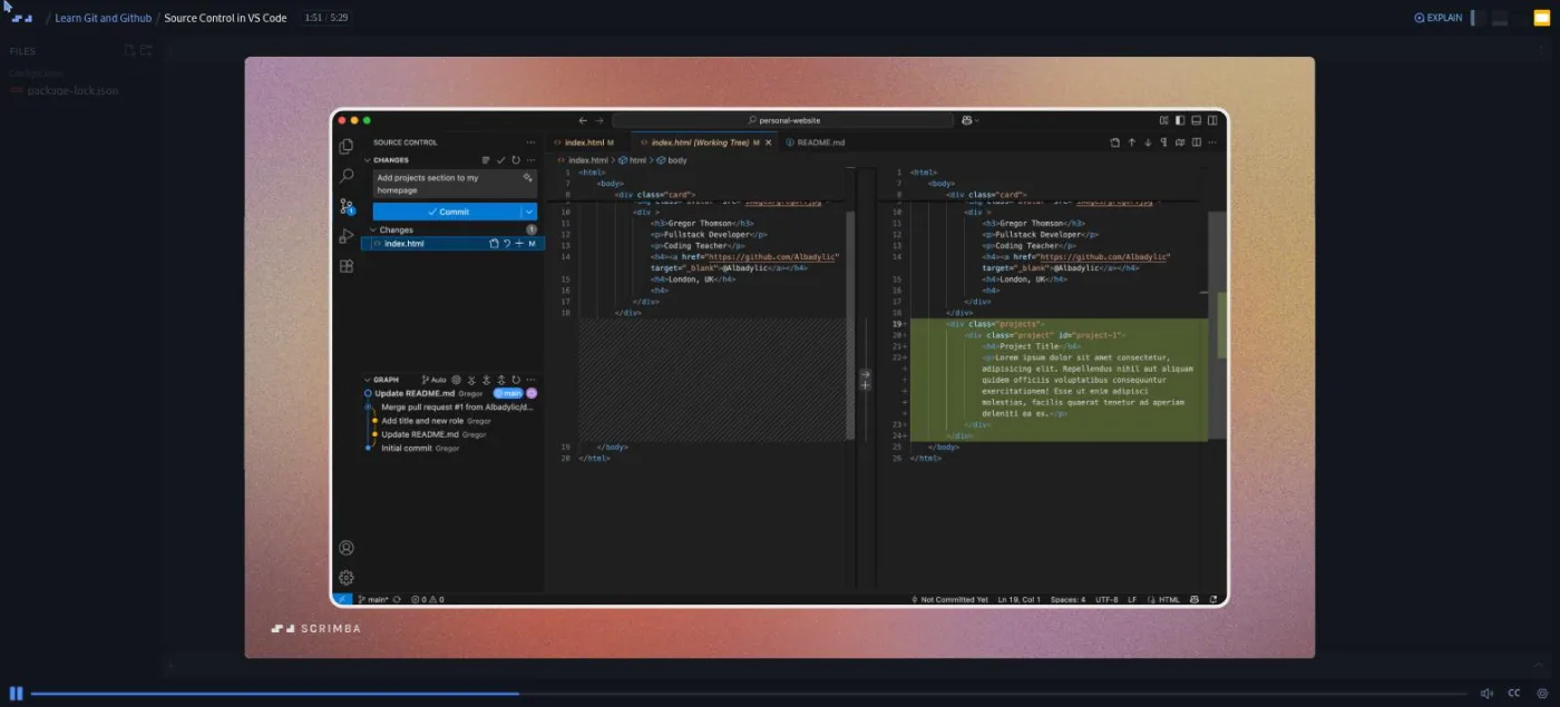 Learn Git and GitHub, Source Control lesson: a recorded VS Code window shows a staged file and a side by side diff.