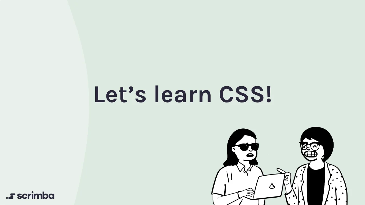 Chapter card from Scrimba's free Learn HTML and CSS course reading Let's learn CSS!, with two illustrated students at a laptop