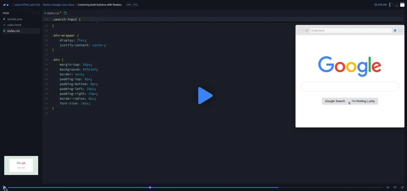 Learn HTML and CSS, flexbox centering lesson: a code editor and preview of the Google clone with two buttons centered but touching.