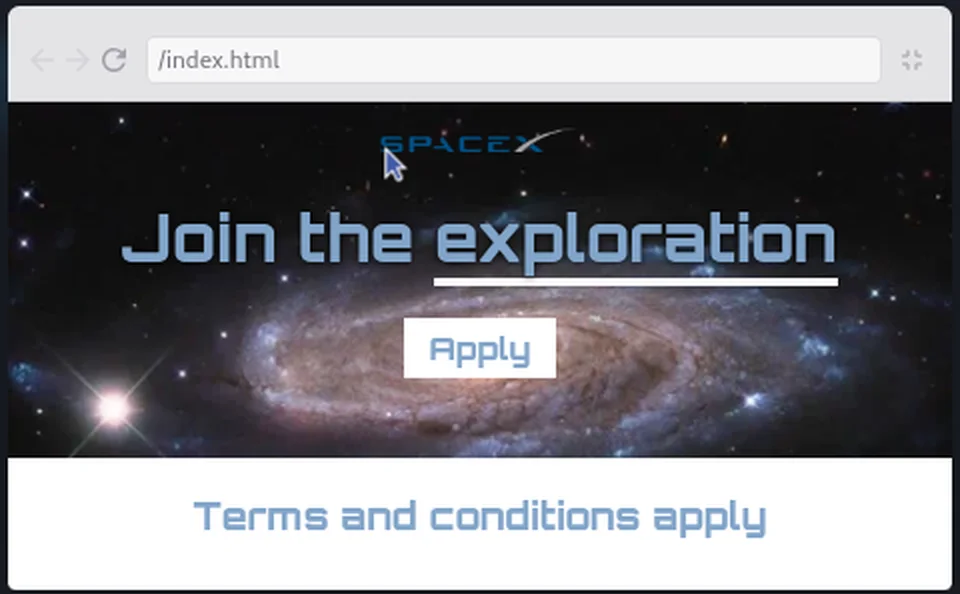 Learn HTML and CSS, Space Exploration project: the preview pane shows the finished landing page over a galaxy background.