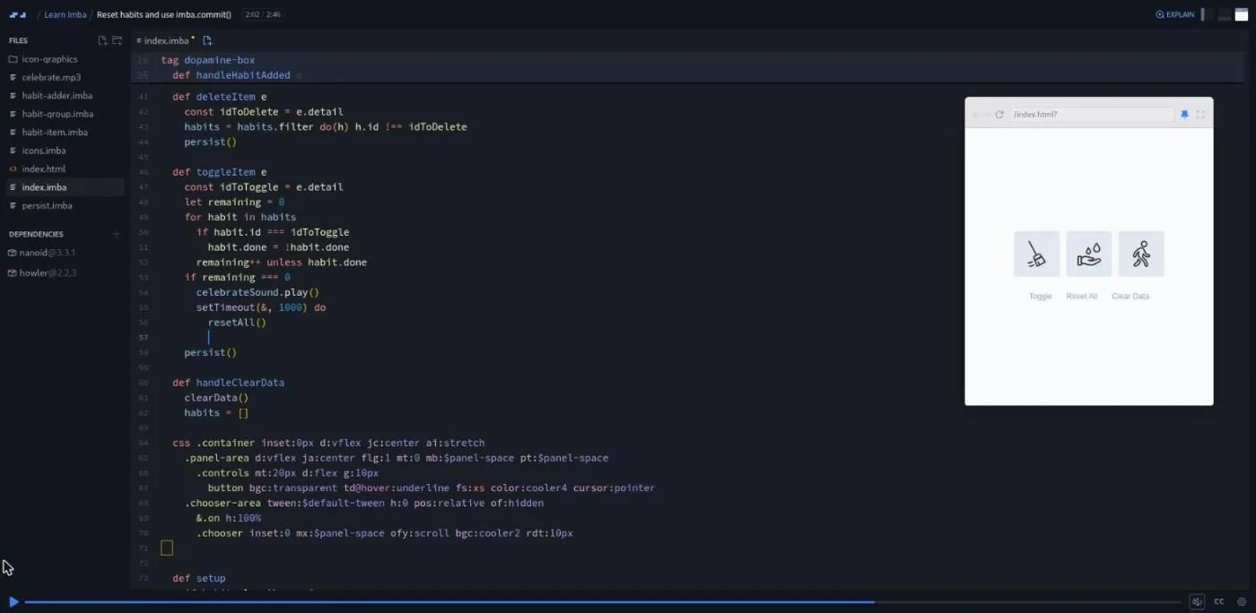 Learn Imba, Reset habits lesson: the code editor beside the finished habit tracker app preview.