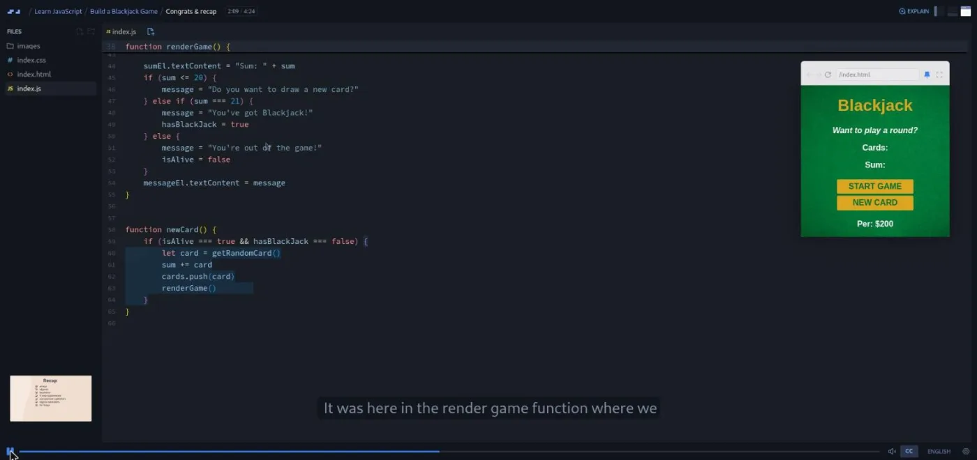 Learn JavaScript, blackjack recap lesson: code editor beside a playable blackjack game preview.