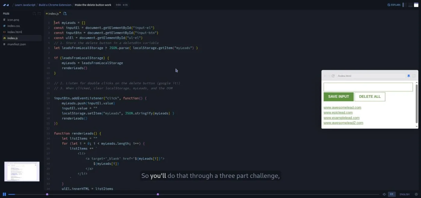Learn JavaScript, Chrome extension lesson: code editor beside the extension popup listing saved leads.