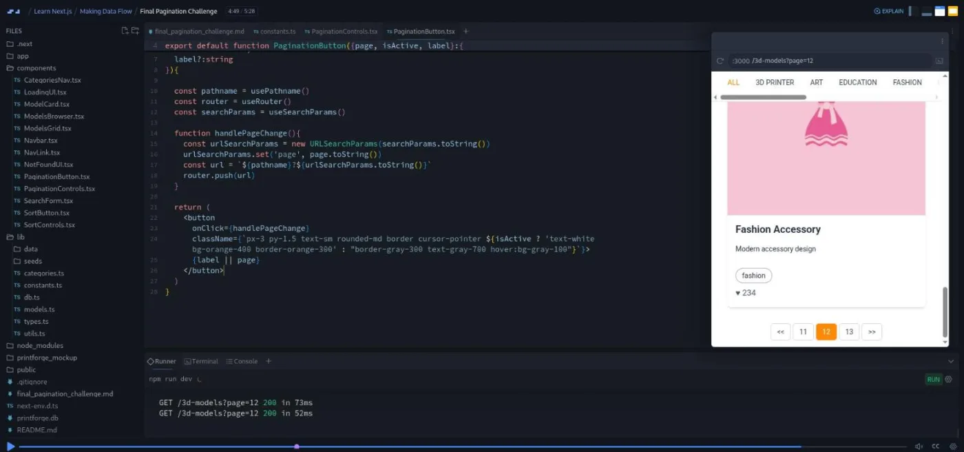 Learn Next.js, Final Pagination challenge: a code editor beside a live preview of paginated catalog buttons.