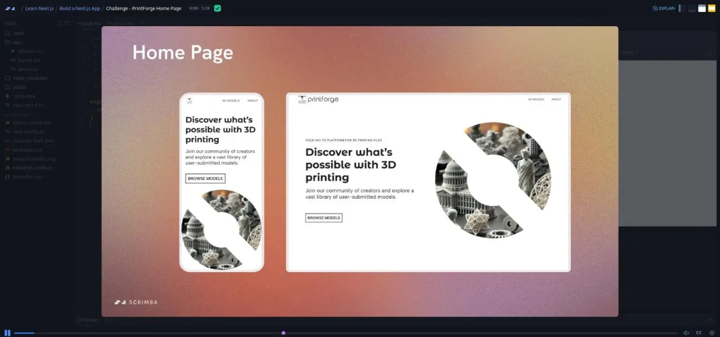 Learn Next.js, PrintForge Home Page challenge: a Figma mockup slide over the code editor.