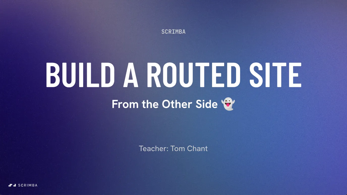 Title card of the second project in Scrimba's Learn Node.js course: Build a Routed Site, From the Other Side, with a ghost emoji.