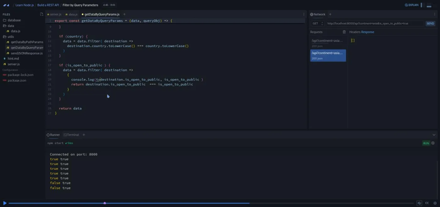 Learn Node.js, Filter by Query Parameters lesson: the terminal highlights a boolean and a string that look equal but are not.