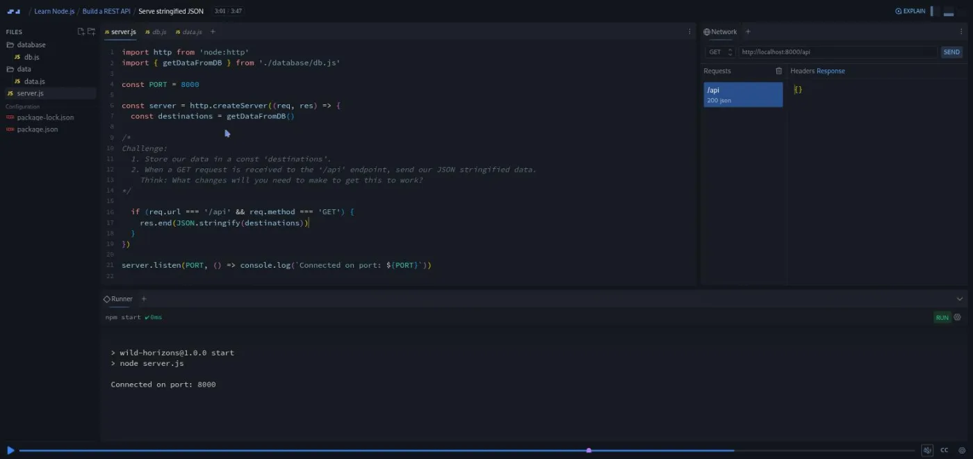 Learn Node.js, Serve Stringified JSON lesson: the network panel shows an empty response caused by a missing await.