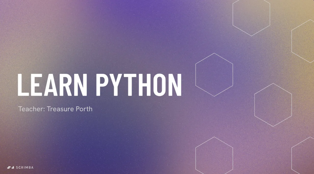 Title card for Scrimba's rebuilt Learn Python course, naming Treasure Porth as the teacher, on a purple and gold background
