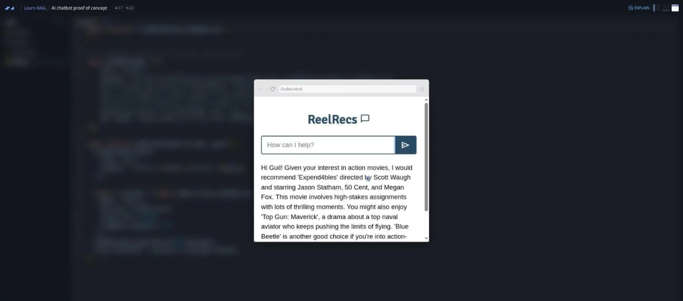 Learn RAG, AI chatbot proof of concept: a chat preview showing the ReelRecs bot's movie reply.