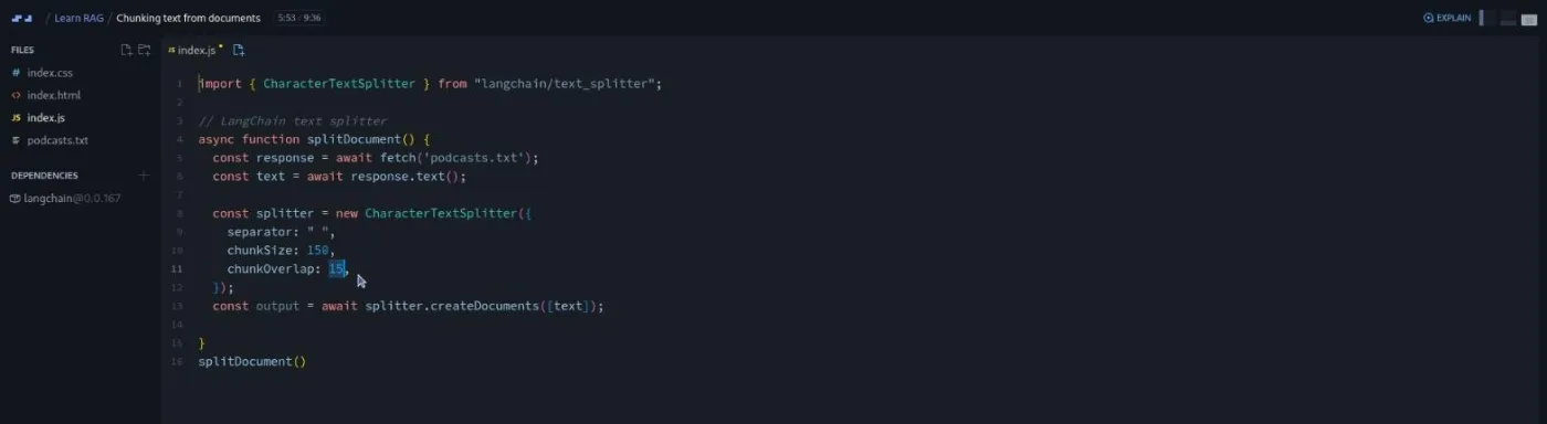 Learn RAG, Chunking text lesson: a code editor configuring the LangChain text splitter.