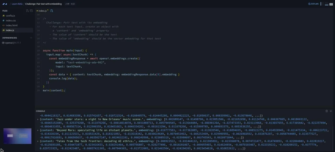 Learn RAG, Pair text with embedding challenge: code editor beside a console printing embedding results.