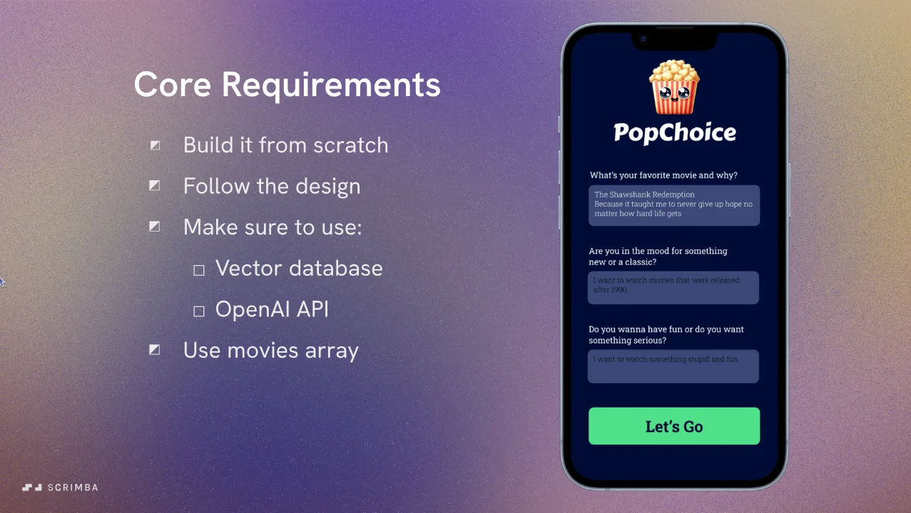 Learn RAG, PopChoice solo project brief: a slide of requirements next to a phone app mockup.