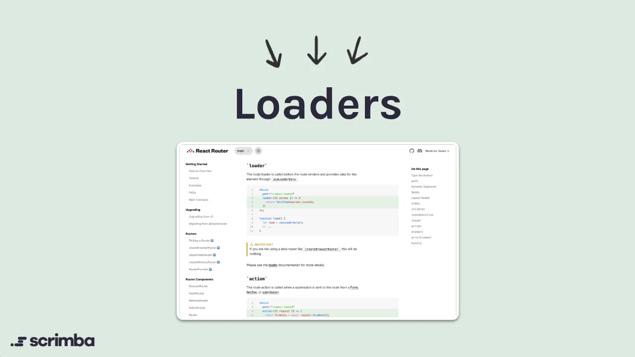Title card for the Loaders module of Scrimba's Learn React Router course, above a screenshot of the loader prop docs.