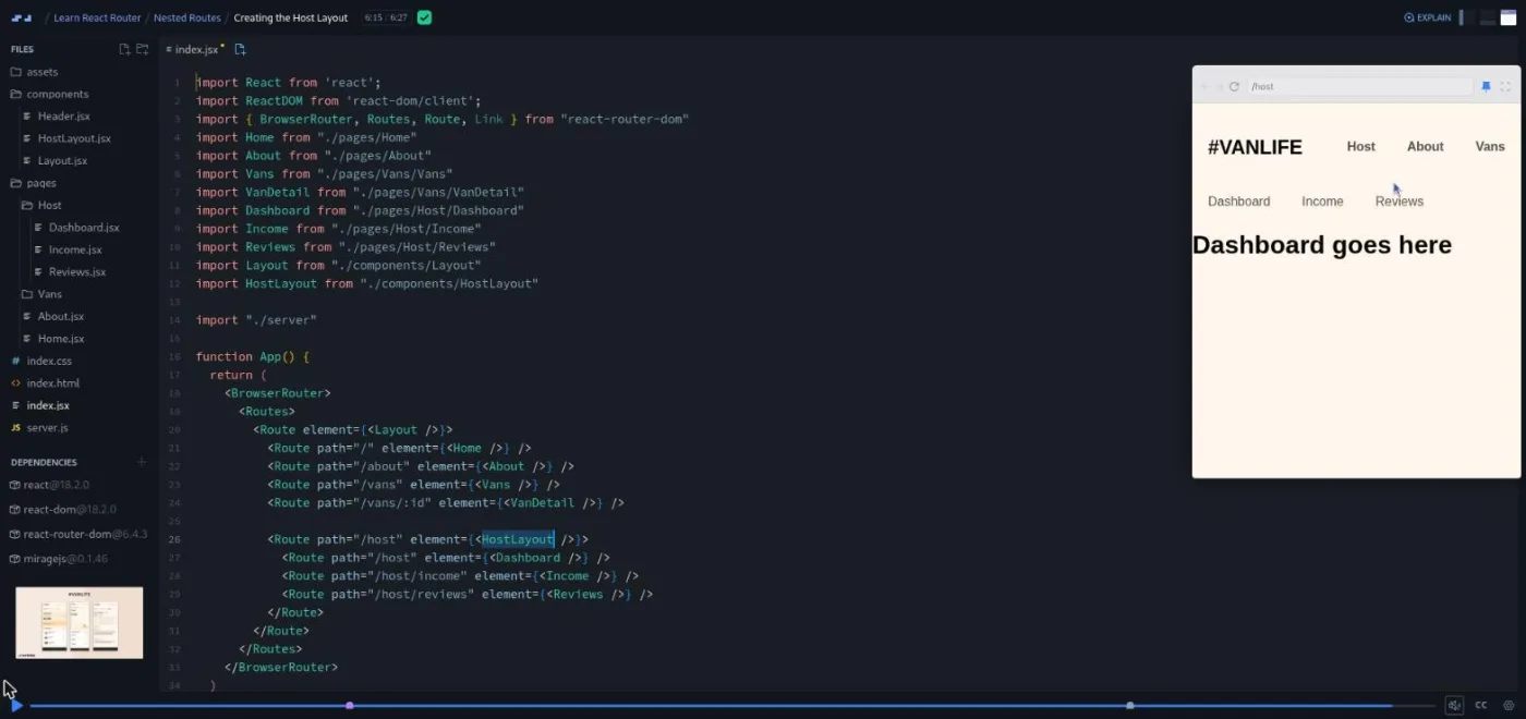 Learn React Router, Host Layout lesson: a code editor beside a preview showing the nested host nav bar.