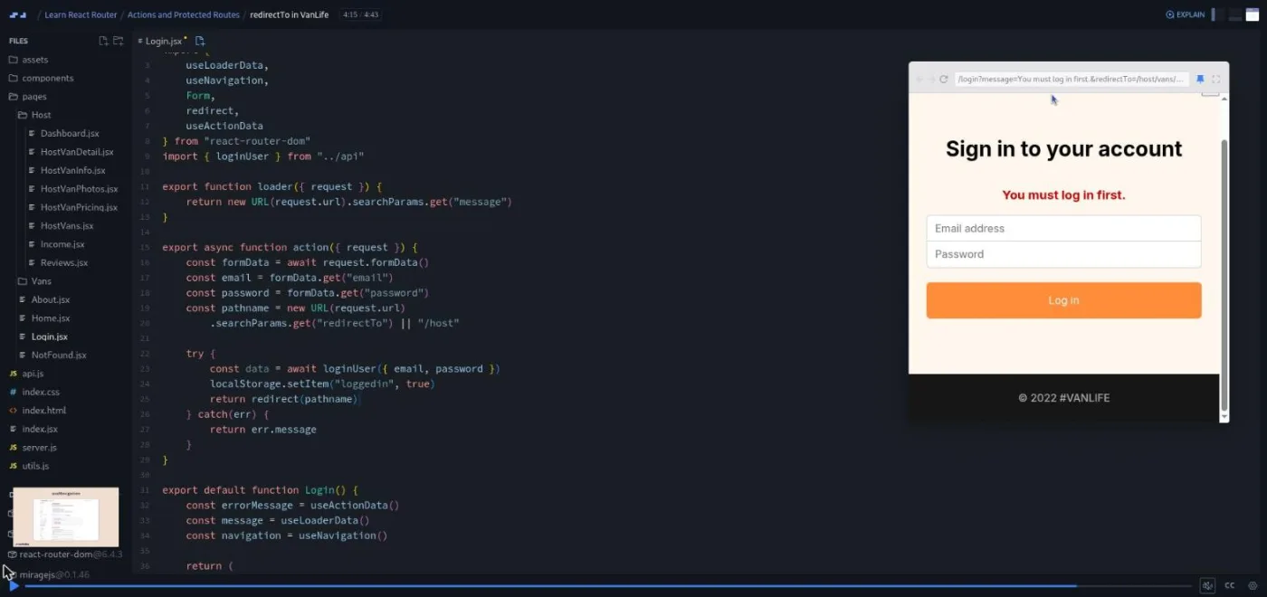 Learn React Router, redirectTo lesson: a code editor beside a sign-in form preview with a redirect message.