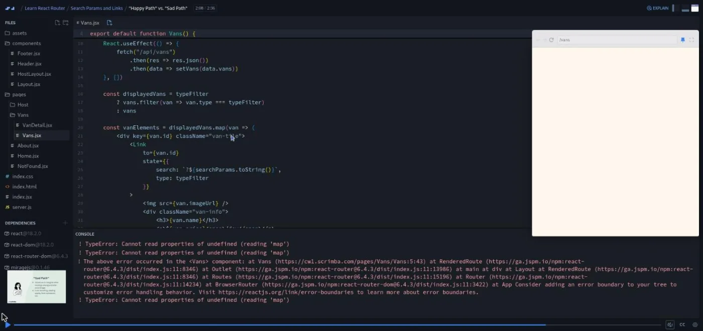 Learn React Router, Happy Path vs Sad Path: a blank preview beside a console showing a crash error.