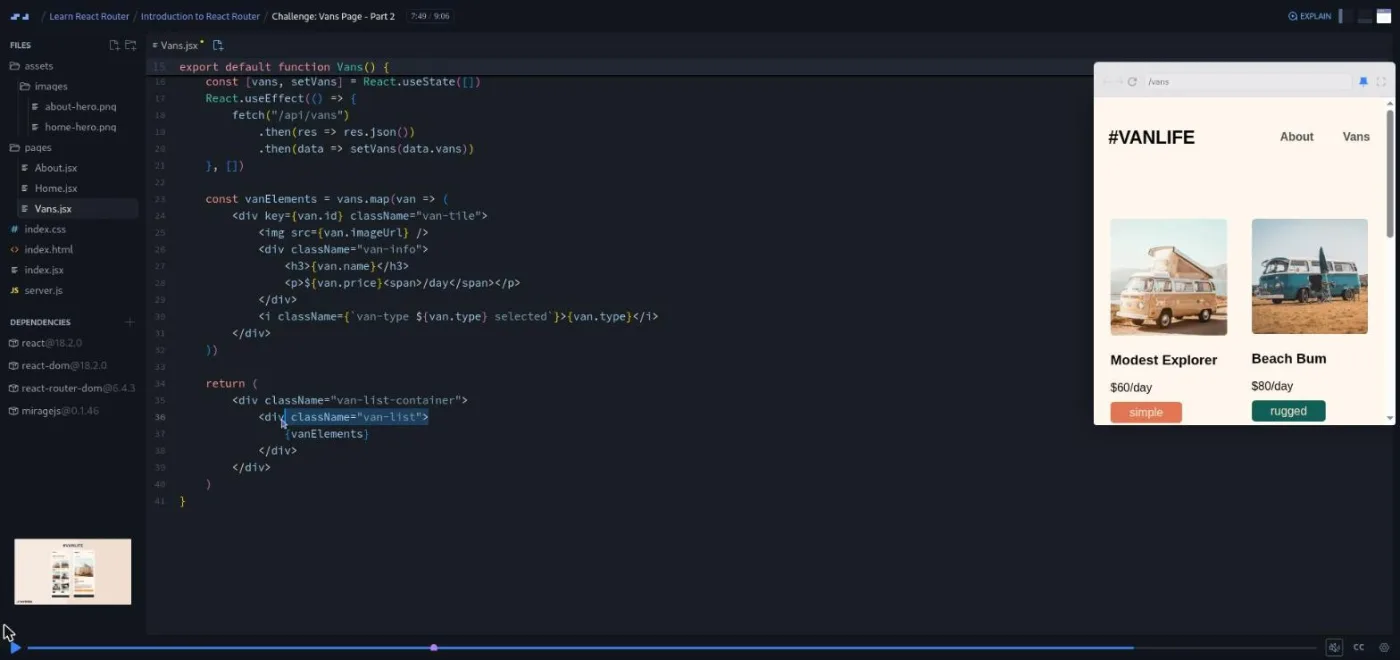 Learn React Router, Vans Page challenge: a code editor beside a preview listing van rental cards.