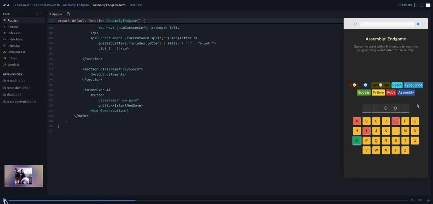 Learn React, Assembly Endgame lesson: a code editor beside a hangman style game with a partly guessed word and keyboard.