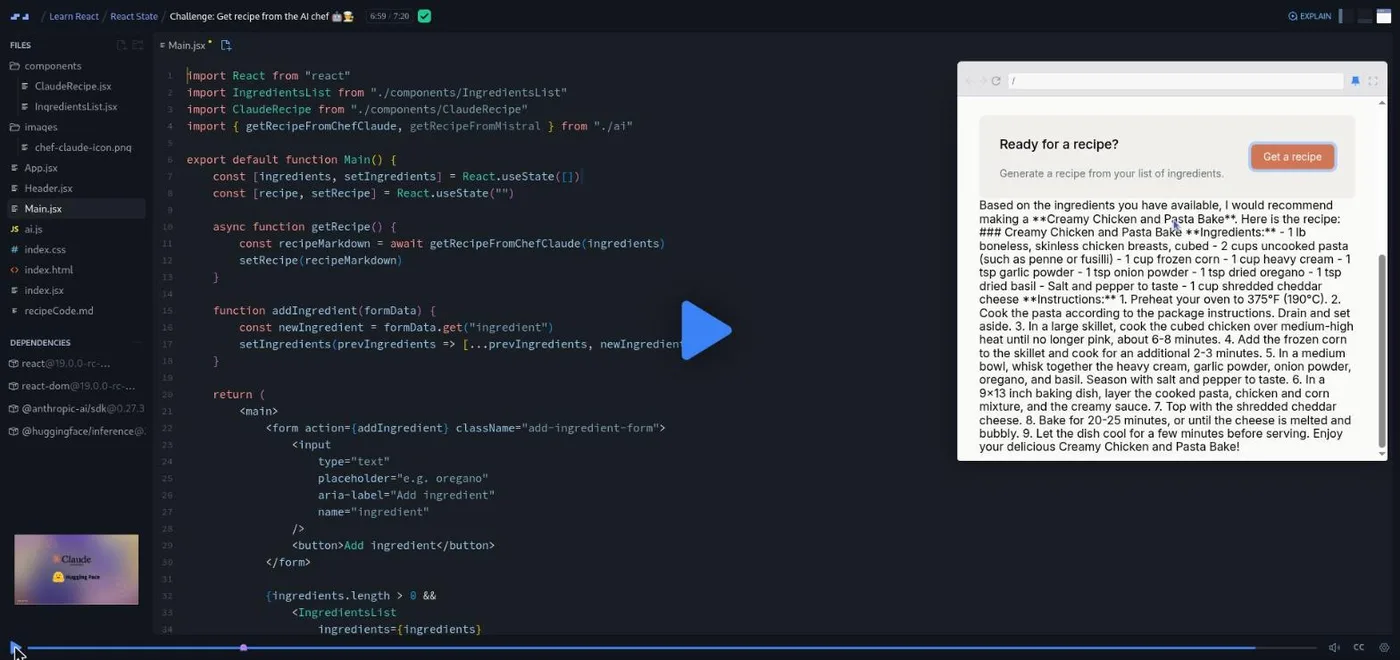 Learn React, Chef Claude lesson: a code editor beside a preview showing an AI recipe rendered as raw markdown.