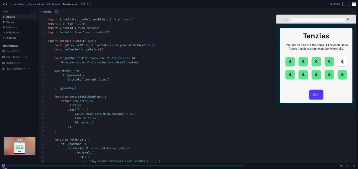Learn React, Tenzies capstone lesson: a code editor beside a dice game preview with nine dice held on the same number.