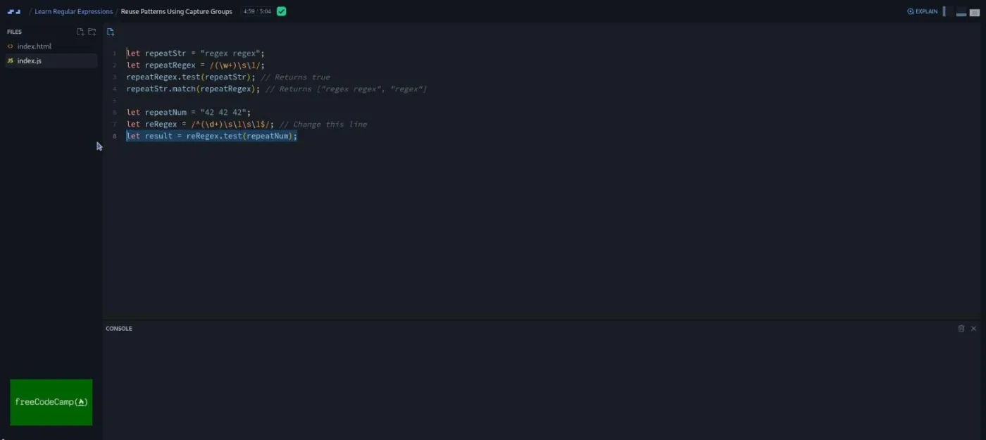 Learn Regular Expressions, capture groups lesson: a code editor shows a warm-up pattern and the finished exercise pattern.