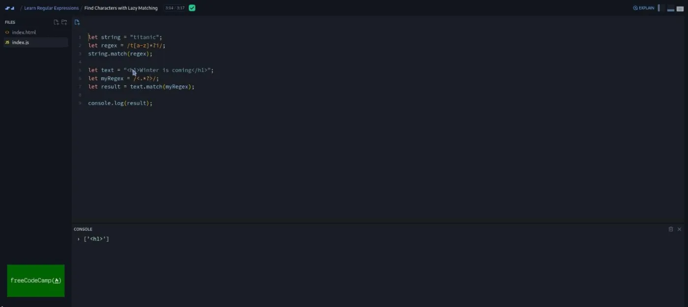 Learn Regular Expressions, lazy matching lesson: a code editor and console show a pattern now matching only the first tag.